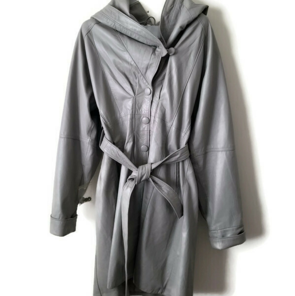 Women’s Gray Hooded Leather Trench with Belt